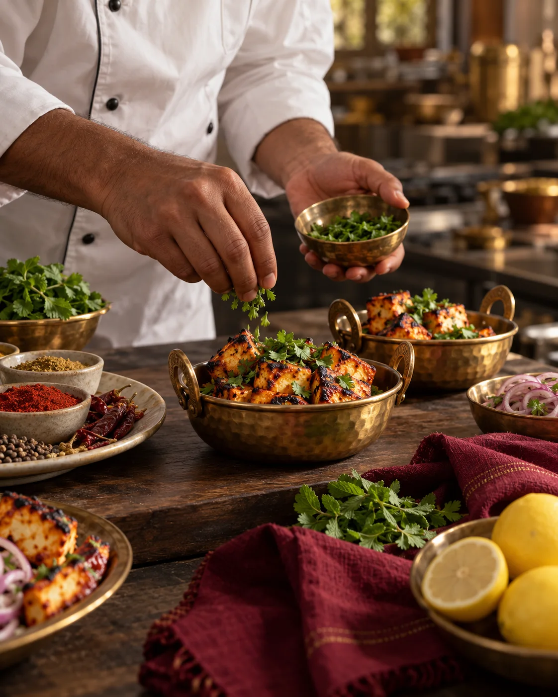 A chef’s hands carefully arranging paneer and fresh herbs in brass bowls